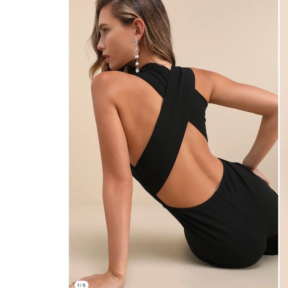 LULUS Thinking Out Loud Black Criss Bross Backless Jumpsuit size large - Picture 9 of 9